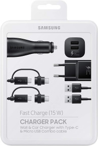 Оригинален комплект Samsung Power Pack EP-U3100WBEGWW със зарядно Samsung EP-TA20EWE Fast Charging 220 V 2А + зарядно за кола EP-LN920 + 2 кабела Type C и micro USB EP-DG930  черни